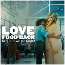 Antacid promotional graphic with person holding a bag and text 'LOVE FOOD BACK'