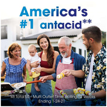 Antacid promotional graphic with family cooking scene and text 'America's #1 antacid'