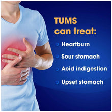 Person holding stomach with heartburn relief bullet list on antacid panel