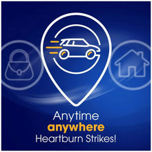 Antacid anywhere graphic with location pin, car icon, and 'Heartburn Strikes!'