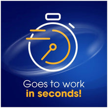 Antacid effectiveness graphic with clock icon and 'Goes to work in seconds!'