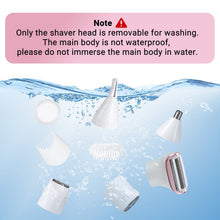 Electric razor with removable shaver head shown under water, plus other detachable heads