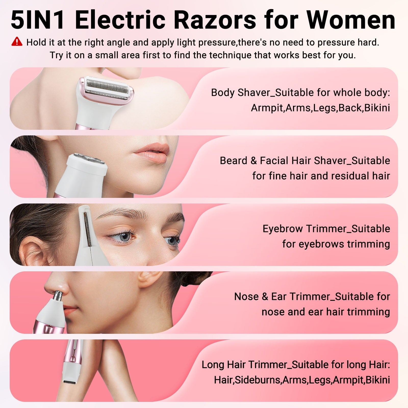 TURKIO 5-in-1 Rechargeable Cordless Electric Razor for Women, Trimmer for Women with Face, Nose, Eyebrow, Arms, Armpit, Legs, Pink