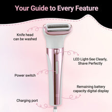 Pink electric razor handle with metal foil shaver head, LED light and battery display