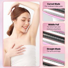 Cordless razor with three shaving head attachments: curved, middle and straight blades