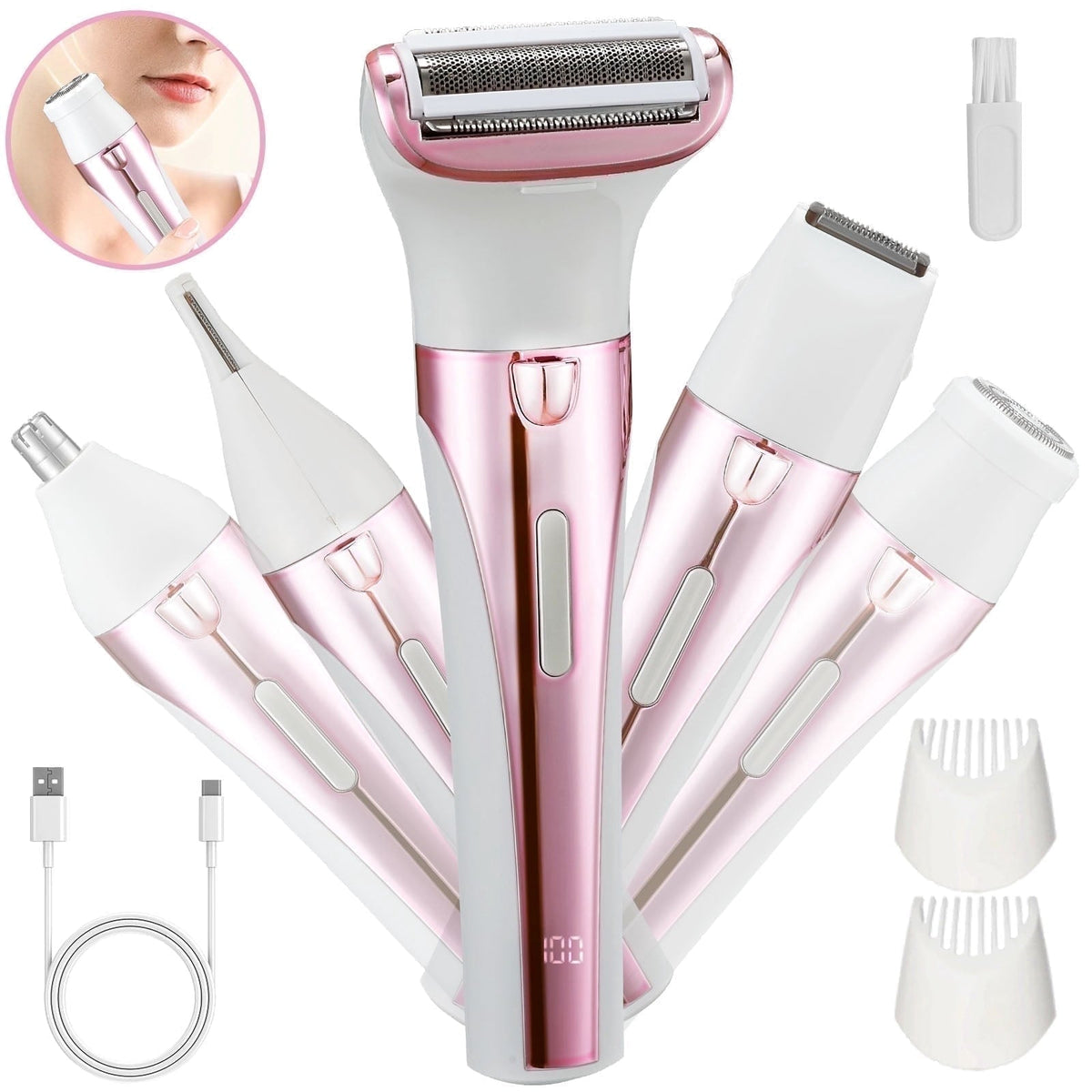 TURKIO 5-in-1 Rechargeable Cordless Electric Razor for Women, Trimmer for Women with Face, Nose, Eyebrow, Arms, Armpit, Legs, Pink