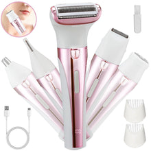 Pink cordless electric razor with detachable foil head and multiple attachment heads