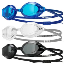 Three TYR swim goggles with blue, white, and black frames and mirrored lenses