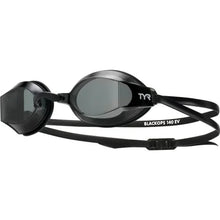 Black TYR swim goggle with mirrored lens and adjustable strap