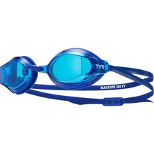 Blue TYR swim goggle with mirrored lens and adjustable strap