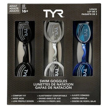 TYR 3-pack adult swim goggles box showing three goggle colors