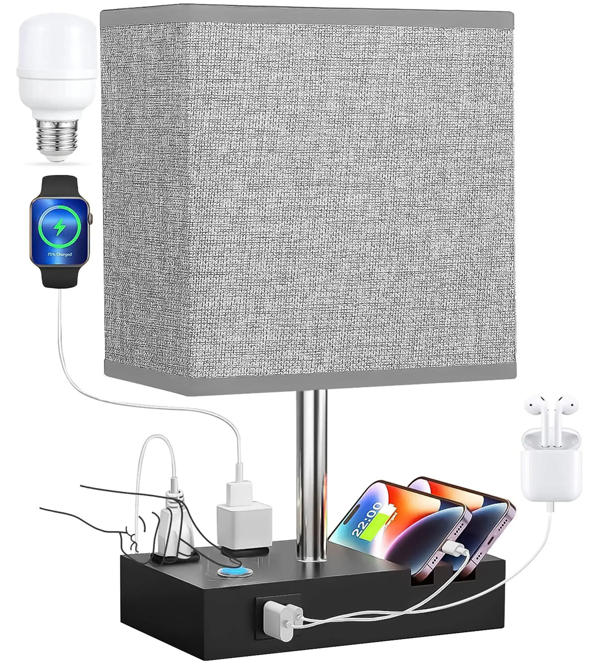 HadinEEon Bedside Table Lamps with 2 Phone Stands, Gray