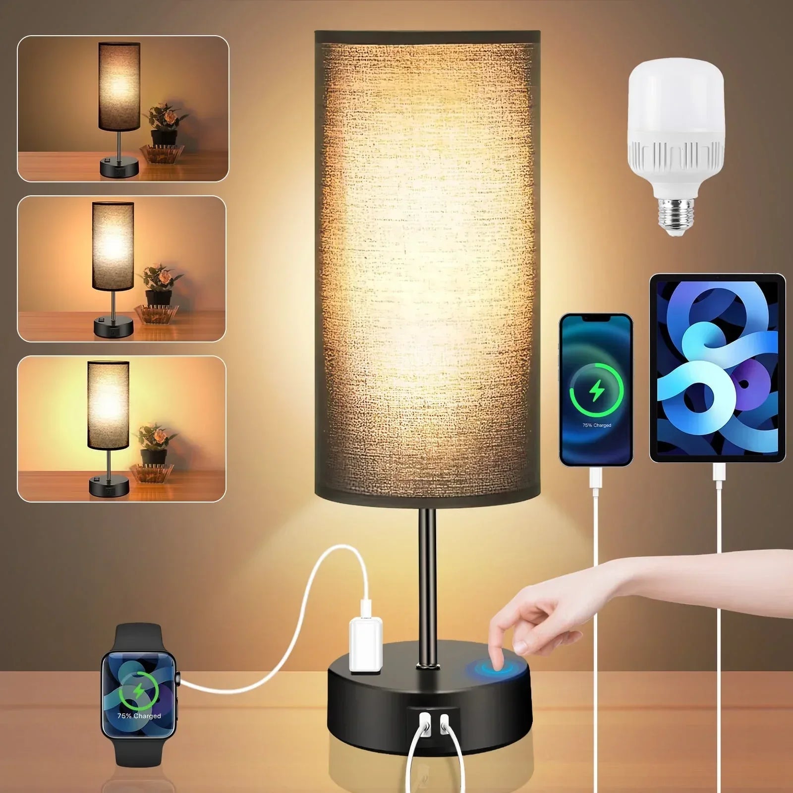 Table Lamps for Bedroom, 3 Way Dimmable Touch Control Bedside Lamp with USB C+A Fast Charging Ports, Nightstand Lamp for Office, Living Room, Reading(E26 Light Bulb Included) - USA MEGA SHOP