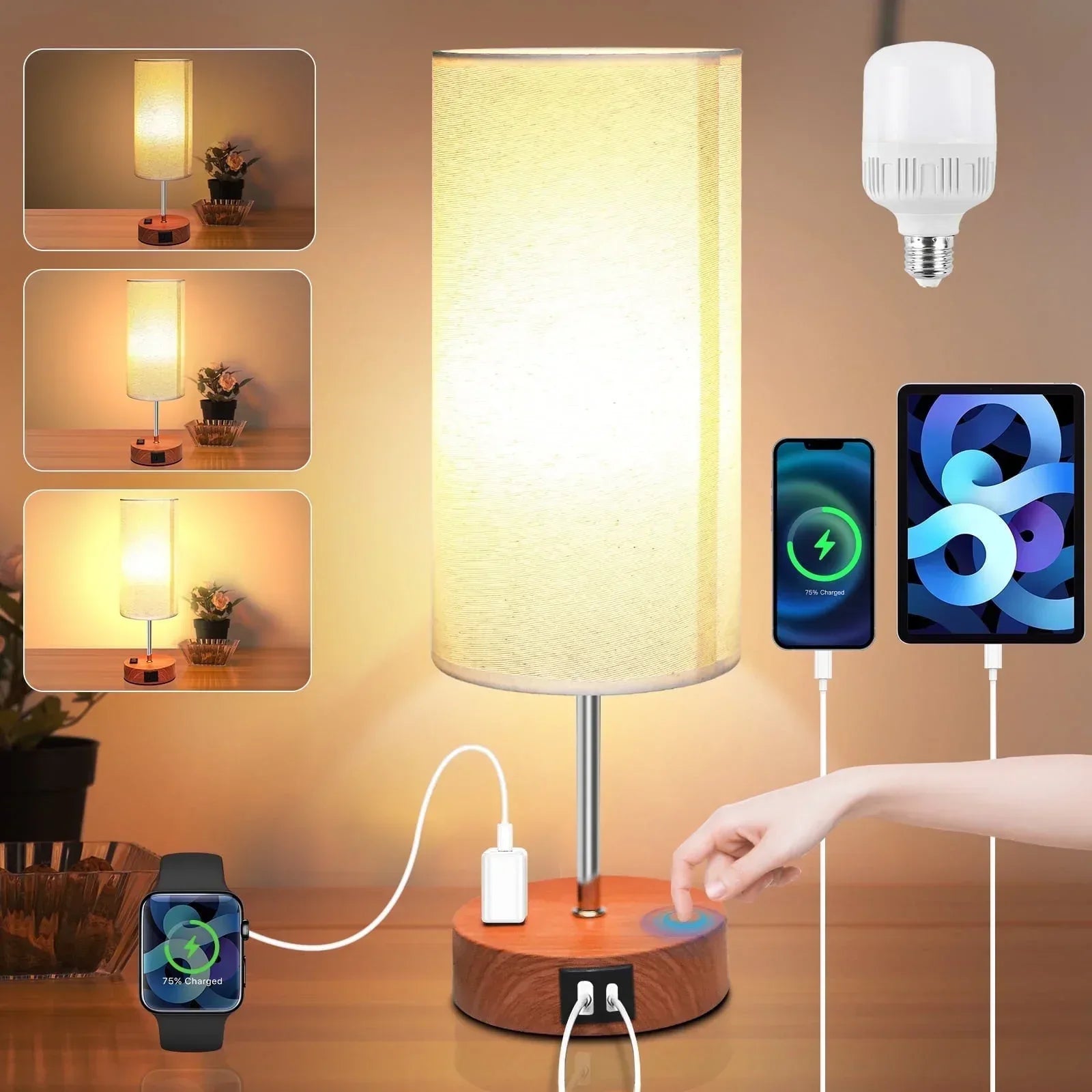 Table Lamps for Bedroom, 3 Way Dimmable Touch Control Bedside Lamp with USB C+A Fast Charging Ports, Nightstand Lamp for Office, Living Room, Reading(E26 Light Bulb Included) - USA MEGA SHOP