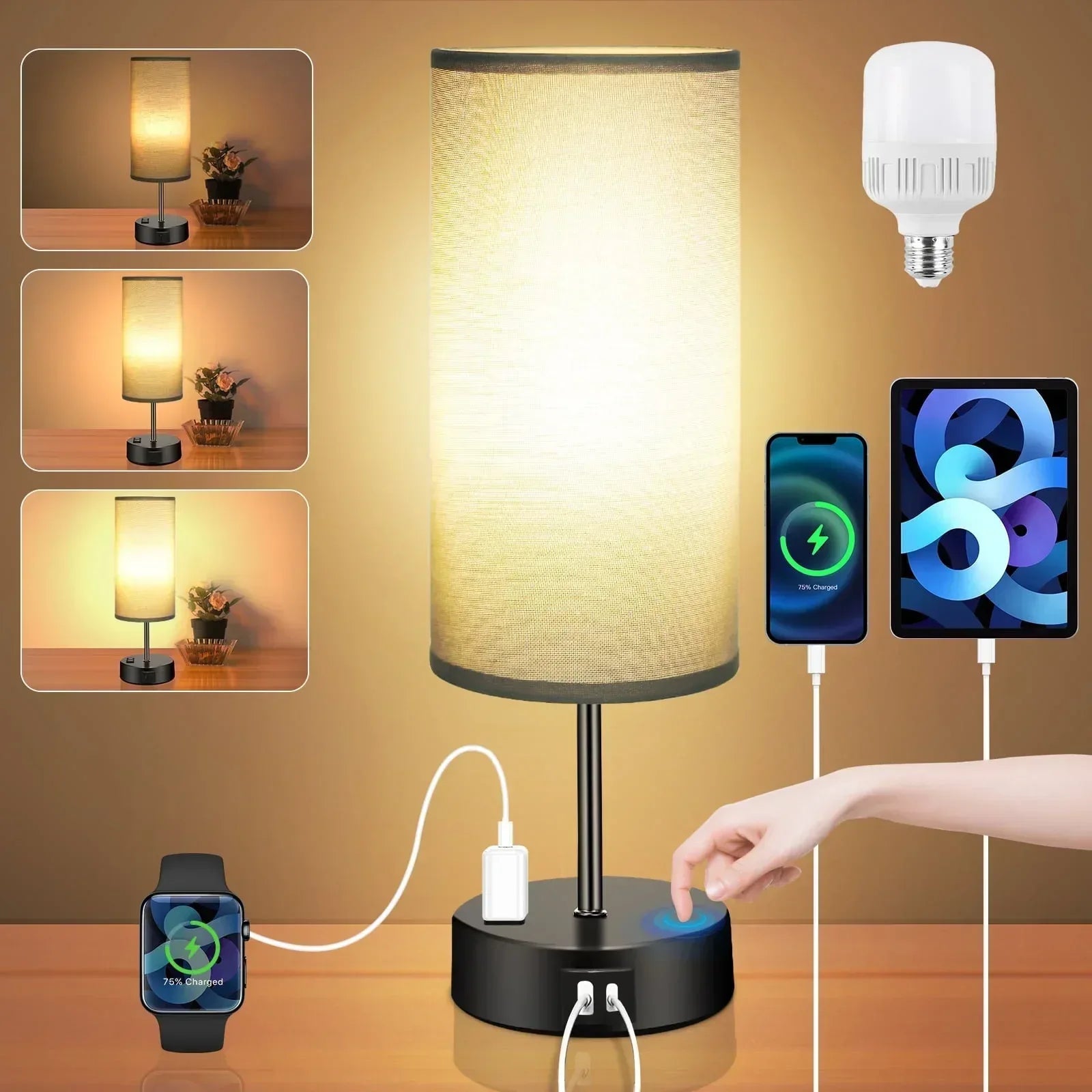 Table Lamps for Bedroom, 3 Way Dimmable Touch Control Bedside Lamp with USB C+A Fast Charging Ports, Nightstand Lamp for Office, Living Room, Reading(E26 Light Bulb Included)