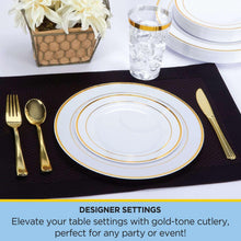 Gold plastic fork, spoon, and knife with white plates and gold trim.
