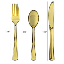 Gold plastic fork, spoon, and knife set with size markers.