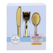 Gold plastic disposable cutlery set in box, 180 ct with fork, spoon, knife.