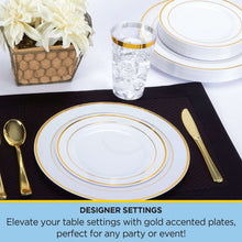 Round white disposable plastic plate with double gold rim detail, paired with stack
