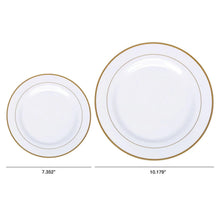 Set of round white disposable plastic plates with thin gold border, small and large