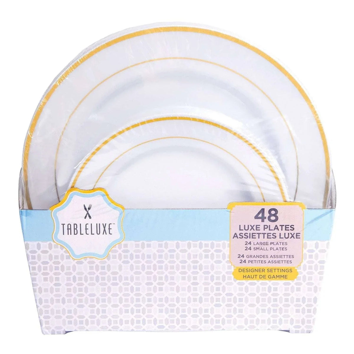 Tableluxe Premium Disposable Round White with Gold Trim Plastic Plates, 7" & 10", 48 ct.