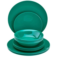 Dark green melamine dinnerware set with stacked plates and bowls.