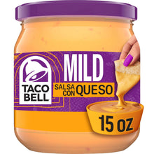 Salsa con queso jar with purple lid and 15 oz label, mild cheese dip