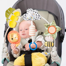 Baby activity arch with cloud rattle, striped bee wheel, and textured leaf toys