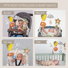 Baby toy activity arch shown on stroller, bassinet, car seat, and crib
