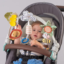 Baby activity arch with striped bee toy, cloud rattle, leaf windmill, and teether ring