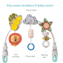 Baby toy activity arch with lion cymbals, chime bell, cloud rattle, and rattling bee