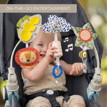 Baby activity arch with lion cymbals, cloud rattle, teether ring, and spinning bee