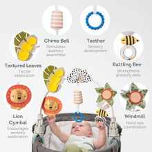 Baby activity arch with chime bell, teether ring, textured leaves, and rattling bee