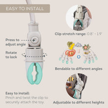 Adjustable clip-on baby toy arch showing pinch-and-twist attachment and angle range