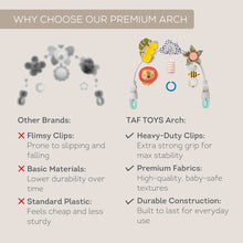 Premium baby toy arch features graphic with hanging lion, cloud, and leaf elements