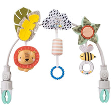 Baby toy activity arch with lion cymbals, cloud rattle, leaf windmill, and teether ring