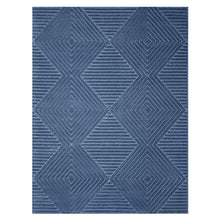 Indoor area rug in denim blue with repeating geometric diamond pattern