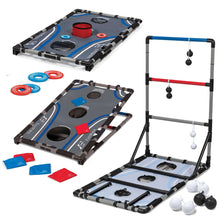 3-in-1 tailgate game set with two blue/black folding boards, bags, and rings
