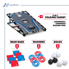 Folding tailgate target board set with bean bags, washers, and ball pieces
