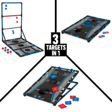 3-in-1 folding tailgate game set with blue/black boards and target holes