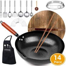 Black carbon steel wok pan with wooden lid and matching wok ring, plus utensils