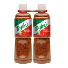 Tajin Classic seasoning bottles, two 14 oz plastic squeezers with red caps