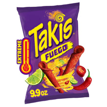 Takis Fuego tortilla chips bag with lime and hot chili pepper artwork on purple