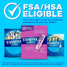 Tampax Pearl trio pack graphic with FSA/HSA eligible badge and three product boxes