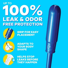 Tampons blue applicator with grip and leak & odor free protection callouts
