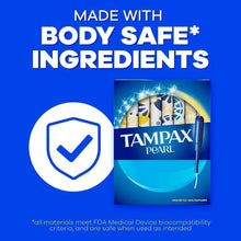 Tampax Pearl box with body safe ingredients badge and unscented label
