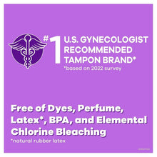 Tampax radiant tampon graphic with U.S. gynecologist recommendation and dye-free claims