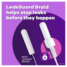 Tampax radiant tampon with LeakGuard braid and white absorbent core on applicator