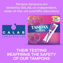 Tampax radiant tampon pack with applicator and GALAB testing label