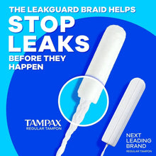 Tampon applicators graphic with white braid and leakguard design for stopping leaks